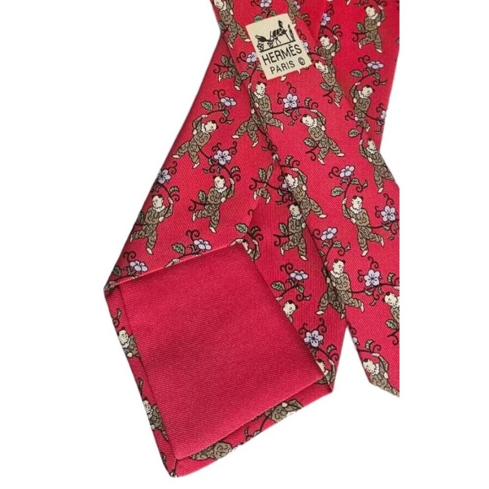 HERMÈS 7238 MA Rare Silk Tie FRANCE Red Asiatic Man Floral W:3.4" EUC - Picture 4 of 4